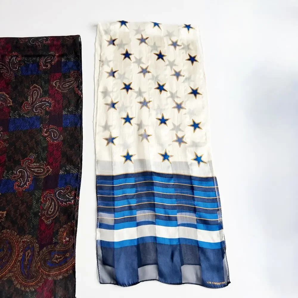 [Vintage] 80s Liz Claiborne Silk Scarves Stars Stripes Paisley Print Purse Scarf